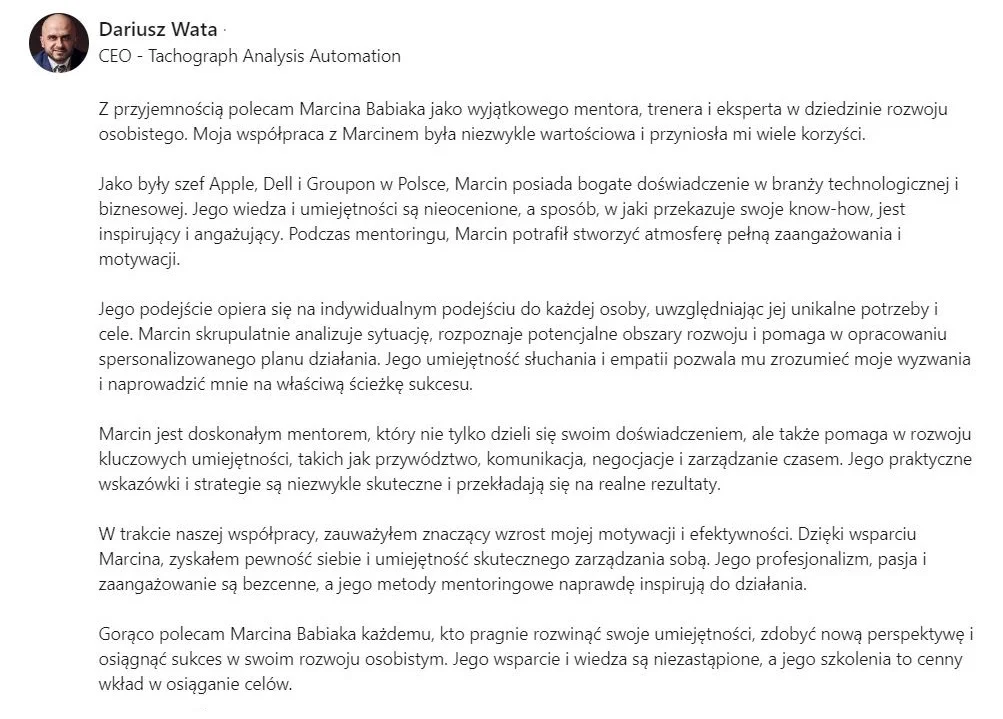 Rekomendacja LinkedIn - Dariusz Wata