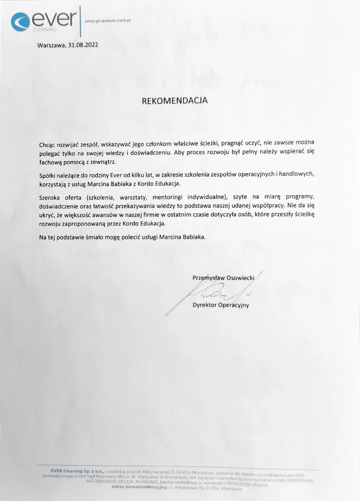 List referencyjny - EVER Grupa