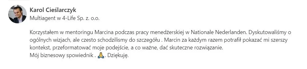 Rekomendacja LinkedIn - Karol Cieślarczyk, multiagent w 4 Life