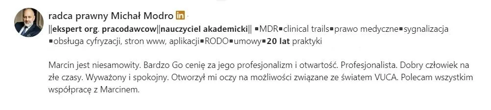 Rekomendacja LinkedIn - radca prawny Michał Modro
