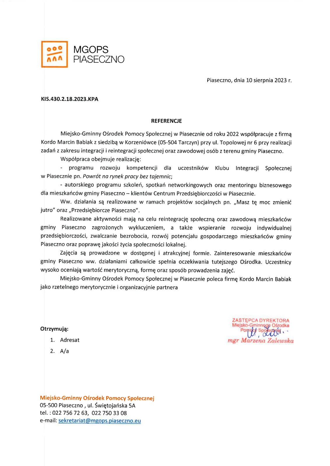 List referencyjny - Miejsko-Gminny Ośrodek Pomocy Społecznej w Piasecznie