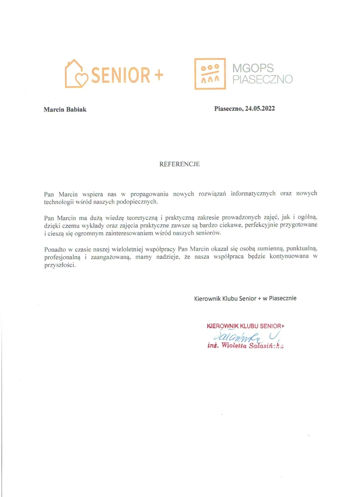 Wioletta Sałasińska, Klub Seniora w Piasecznie